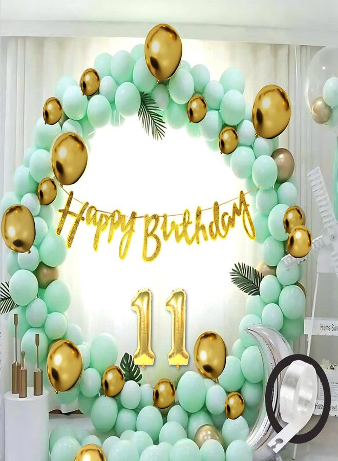 Flyloons 11th Green Gold Happy Birthday Decoration for Girls Kids Boys, Golden Glitter Happy Birthday Banner,Green Pastel Balloons,Golden Chrome Balloon,Arch Tape birthday decoration items for room - Image 1